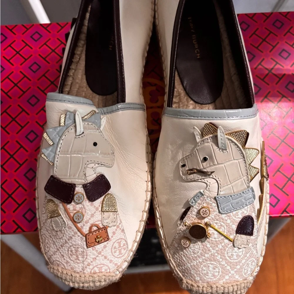 Tory Burch Cream and Brown Dragon Espadrilles. New in Box